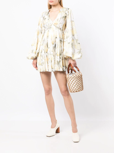 Shop Acler Floral-print Pleated Dress In Yellow