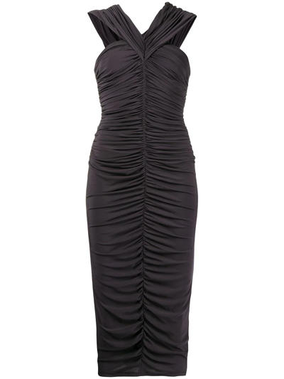 Shop Giorgio Armani Ruched-detail V-neck Dress In Black