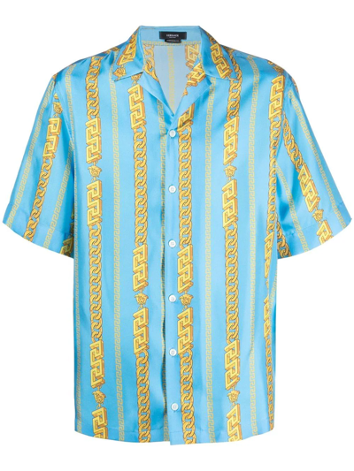 Shop Versace Chain Pinstripe Silk Shirt In Blue