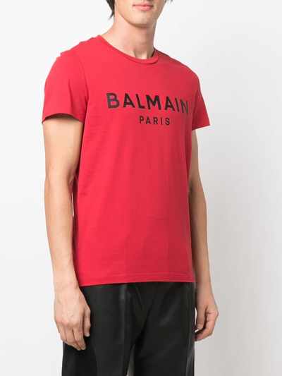 Shop Balmain Logo-print Cotton T-shirt In Red