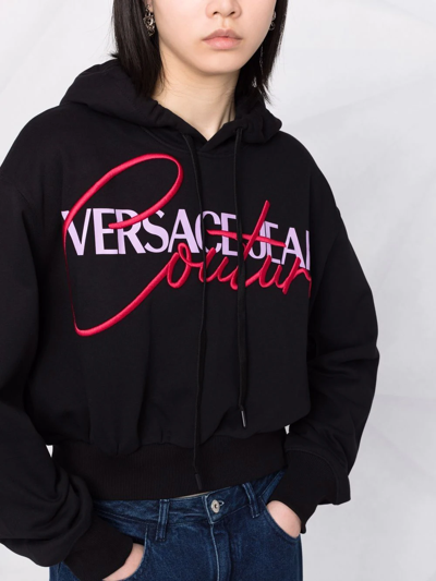 Shop Versace Jeans Couture Embroidered-logo Drawstring Hoodie In Black
