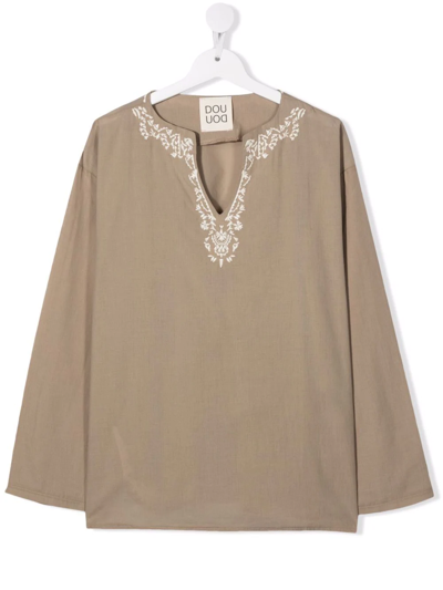 Shop Douuod Teen Embroidered Cotton Tunic In Neutrals