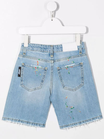 Shop Msgm Paint-splatter Logo Denim Shorts In Blue