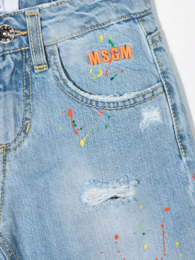 Shop Msgm Paint-splatter Logo Denim Shorts In Blue