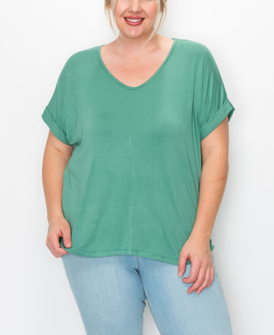 Shop Coin Plus Size V-neck Rolled Sleeve Top In Dusty Green