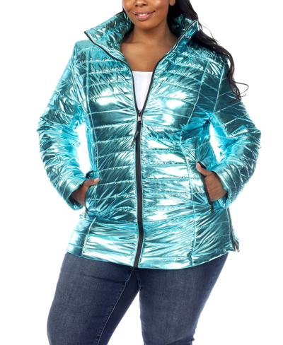 White Mark Plus Size Metallic Puffer Coat With Hoodie In Mint
