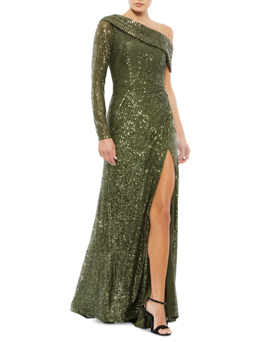 Shop Mac Duggal Asymmetric Sequin Wrap Gown In Olive