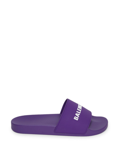 Shop Balenciaga Raised Logo Pool Slide Purple And White