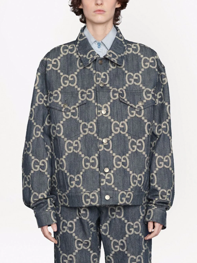 Shop Gucci Interlocking G Pattern Denim Jacket In Blue