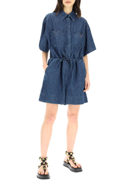 Shop Valentino Short Jumpsuit In Chambray Denim In Blue