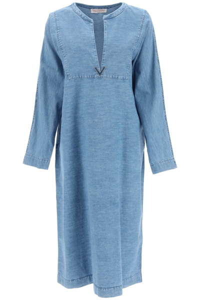 Shop Valentino Caftan Dress In Chambray Denim In Blue