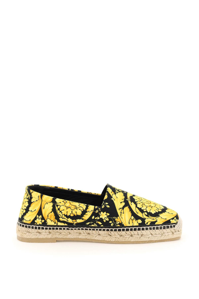 Shop Versace Barocco Print Canvas Espadrillas In Yellow,black