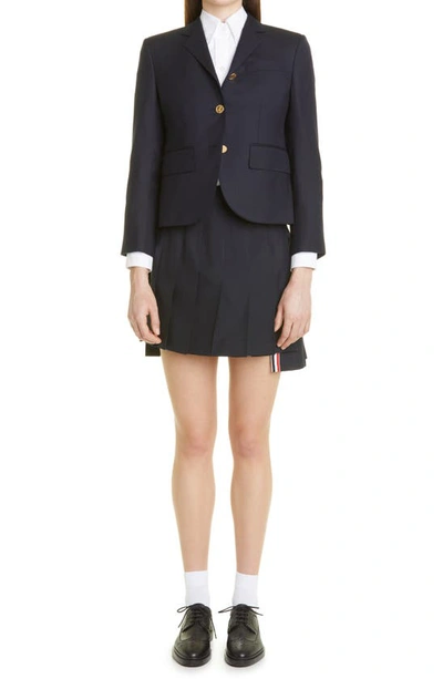 Shop Thom Browne Step Hem Pleated Wool Blend Miniskirt In Navy