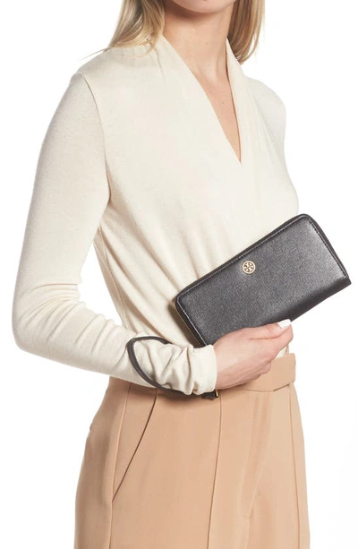 Tory Burch Robinson Continental Leather Wallet In Black
