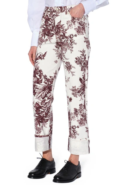 Erdem Nathaniel Floral Print High Rise Straight Leg Jeans In Burgundy