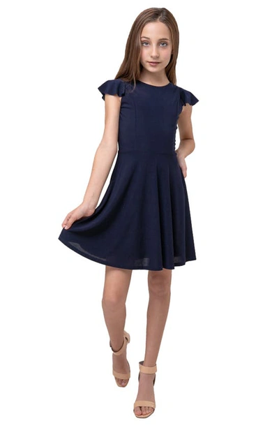 Shop Un Deux Trois Kids' Flutter Sleeve Fit & Flare Dress In Navy