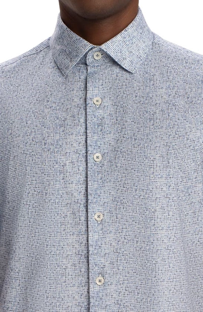 Bugatchi Tech Geo Print Short Sleeve Knit Stretch Cotton Button-up Shirt In Cobalt