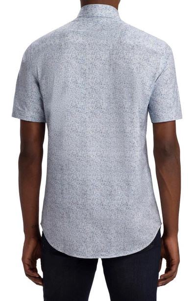 Bugatchi Tech Geo Print Short Sleeve Knit Stretch Cotton Button-up Shirt In Cobalt