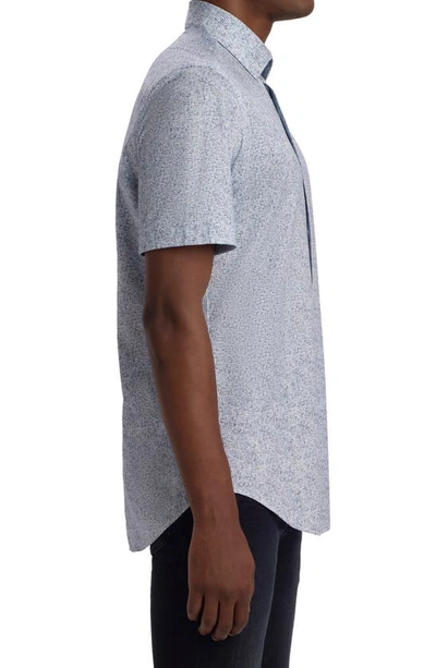 Bugatchi Tech Geo Print Short Sleeve Knit Stretch Cotton Button-up Shirt In Cobalt