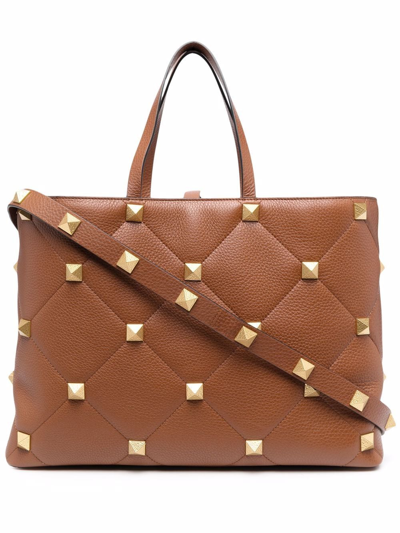 Shop Valentino Roman Stud Large Leather Tote Bag In Brown