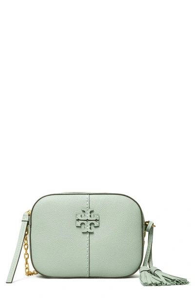 Shop Tory Burch Mcgraw Leather Camera Bag In Blue Celadon