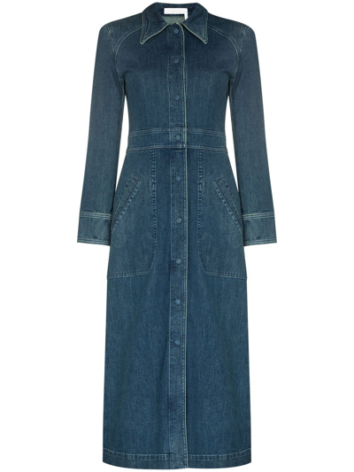 Shop Chloé Long-sleeve Denim Midi Dress In Blau
