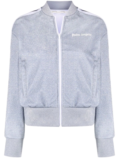 Shop Palm Angels Logo-print Glitter Zip-up Jacket In Grey