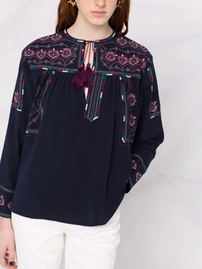 Shop Isabel Marant Étoile Embroidered Long-sleeve Blouse In Blau