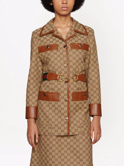 Gucci Gg Canvas Jacket With Web Belt In Nude