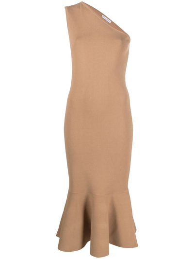 Shop Jw Anderson One-shoulder Ruffle-hem Dress In Nude