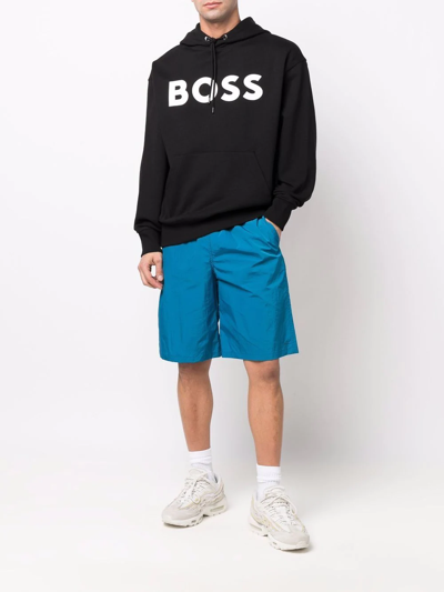 Shop Hugo Boss Logo-print Fleece Hoodie In Schwarz