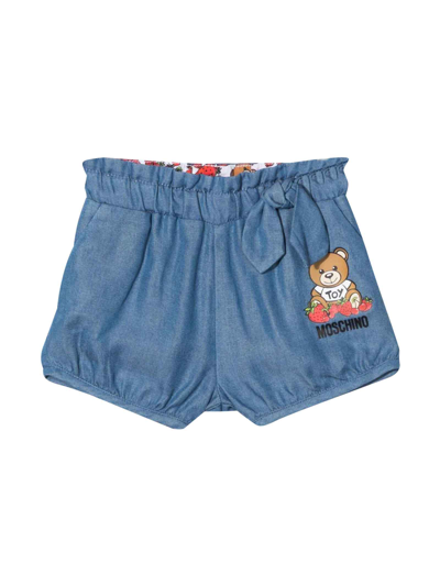 Shop Moschino Baby Girl Denim Shorts, With Teddy Bear Print, Waist With Elasticated Drawstring, Two Side Bellows P In Azzurro