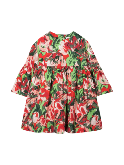 Shop Kenzo Red / Green / Black Midi Dress Teen Girl With All-over Floral Print Of Medium Length, Round Neckline In Papavero