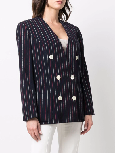 Pre-owned Celine 1980s  Striped Double-breasted Blazer In Blue