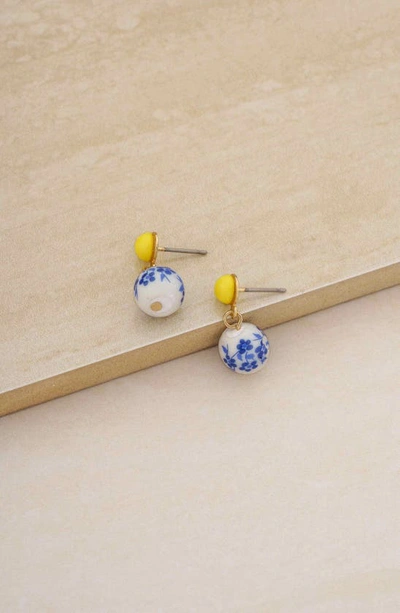 Shop Ettika Chinoiserie Imitation Pearl Drop Earrings In Blue/ Yellow Multi