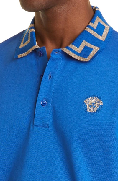 Shop Versace Metallic Greca Collar Piqué Polo In Sapphire
