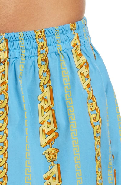 Shop Versace Greca Chain Print Cotton Boxers In Sky/ Gold