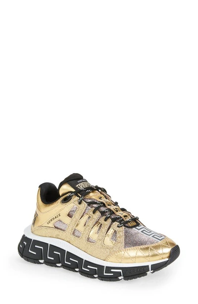 Shop Versace Trigreca Glitter Sneaker In Gold Multicolor