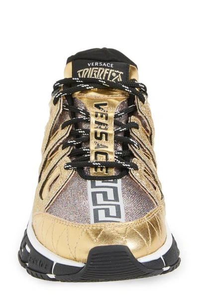 Shop Versace Trigreca Glitter Sneaker In Gold Multicolor