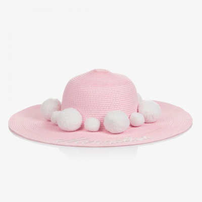 Shop Monnalisa Girls Pink Straw Pom-pom Hat