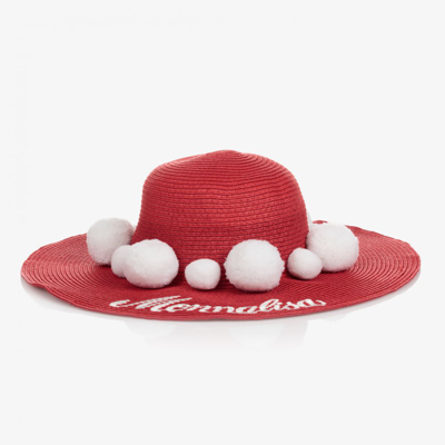 Shop Monnalisa Girls Red Straw Pom-pom Hat