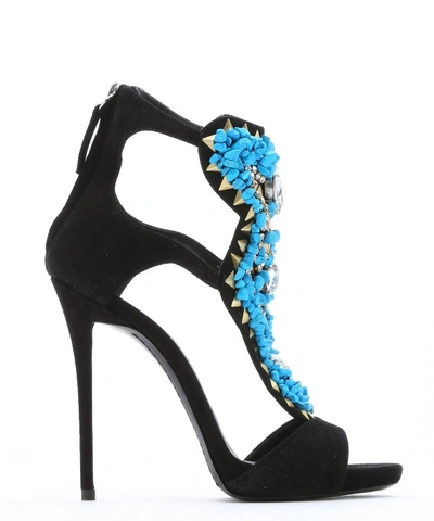 Giuseppe Zanotti Black Suede Turquoise Embellished Stiletto Sandals'