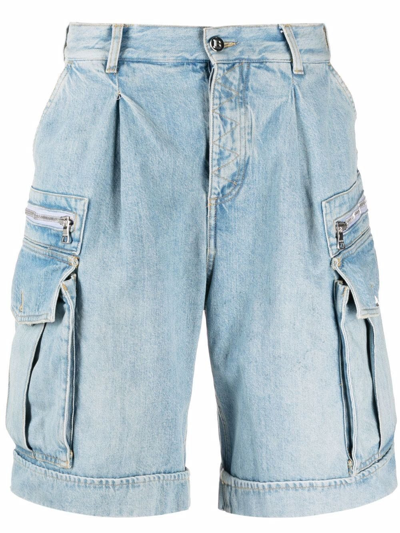 Shop Balmain Blue Denim Cargo Shorts