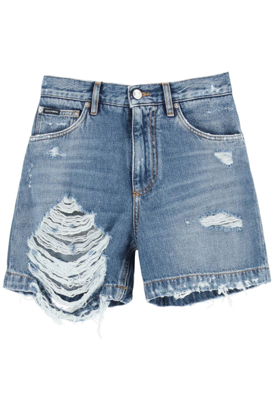 Shop Dolce & Gabbana Destroyed Denim Shorts In Variante Abbinata (blue)