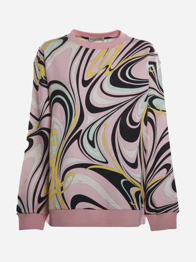 Shop Emilio Pucci Cotton Sweatshirt With Waves Print In Pink, Blue