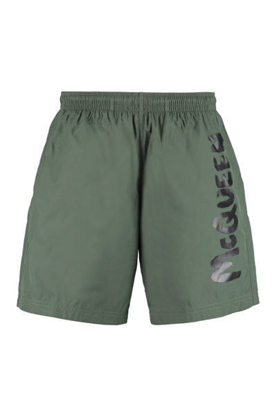 Shop Alexander Mcqueen Logo Print Swim Shorts In Green