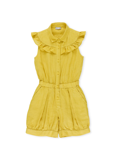 Shop Il Gufo Linen Baby Romper With Rouches In Giallo Acido