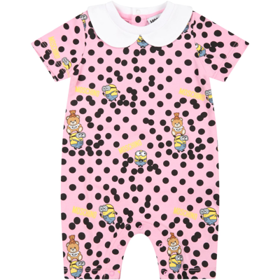 Shop Moschino Pink Romper For Baby Girl With Logo And Minions