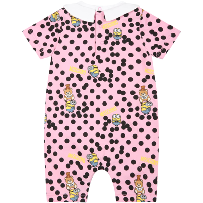 Shop Moschino Pink Romper For Baby Girl With Logo And Minions