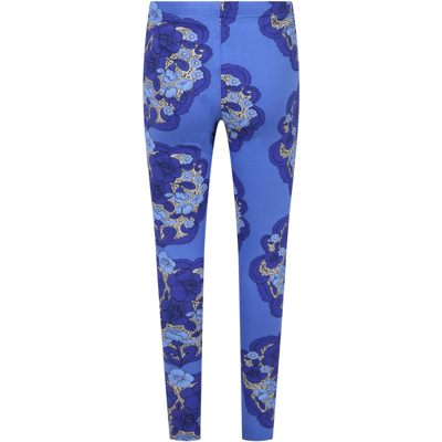 Shop Mini Rodini Blue Leggings For Girl With Flowers In Violet